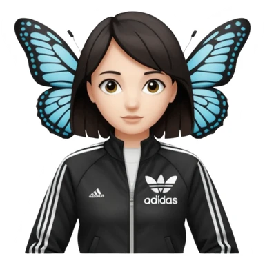 A girl with  medium length, dark hair, fair skin. The style is a butterfly  cut and wore black Adidas track jacket with white stripes on the sleeves. It has a full zipper down the front, a stand-up collar, and the Adidas logo on the right chest emoji sticker