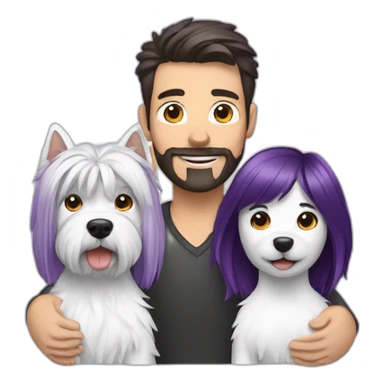 a family consisting of 1 white man with dark brown hair, 1 white woman with purple hair and 1 happy west highland white terrier sticker