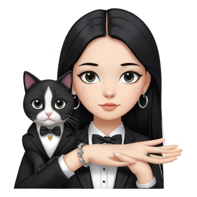 A girl with long straight black hair has upward-slanting eyeliner. She is wearing large silver hoop earrings, a black t-shirt, and a bracelet on her left hand. She is holding a  tuxedo cat with a black face  sticker