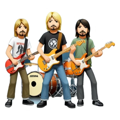 Icon for Rock Music: Nirvana performing on stage with Kurt Cobain on guitar and vocals, Krist Novoselic on bass, and Dave Grohl on drums. A grunge-inspired vibe with dynamic stage lighting and musical energy. Transparent background. sticker