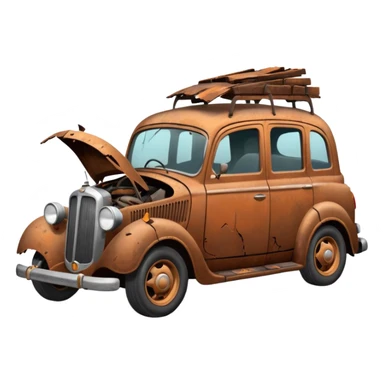 Side view of a broken-down old car with steam from the bonnet, shattered windows, rusted doors, a flat tire, dents, peeling paint, and a grimy, neglected look. sticker