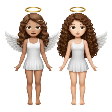 fake angel pose — long wavy brown hair tattooed woman and short tight curly brown hair woman — halo sparkle sticker