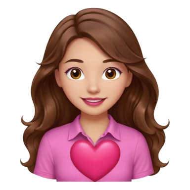 girl with long wavy brown hair, brown eyes, light to medium complexion, in a pink shirt, pink lips, long lashes, smiling, squeezing a big heart sticker