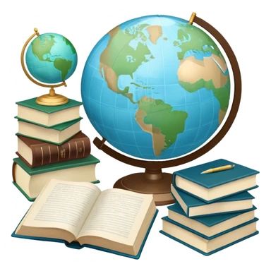 Create an emoji representing language translation. The design should feature a single globe in the background, symbolizing international communication. In front of the globe, place two opened books, with texts in it and a pen nearby to indicate the act of writing and vocabulary. Use a clean and professional color palette with blues, greens, and neutral tones. Do not include any emojis or smiley faces. Make the background transparent sticker