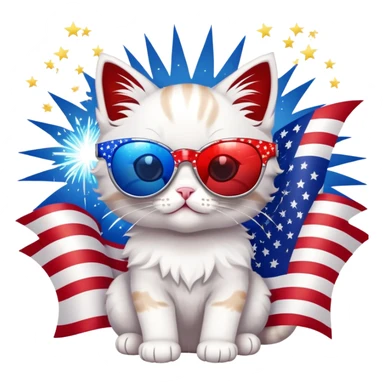A red, white, and blue sparkly kitten wearing star-shaped sunglasses, with fireworks in the background and a mini flag. sticker