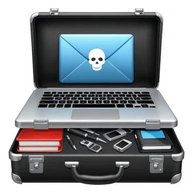 black hacking briefcase on a table with laptop and hacking tools sticker