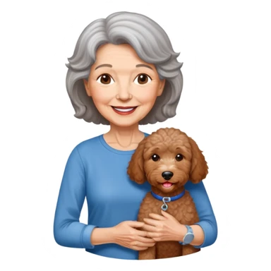 Smiling, peaceful elderly woman Brown hair chin legnth parted on the left side with silver streaks wearing blue jeans and a 3/4 sleeve legnth tshirt with a red labradoodle happy face. sticker