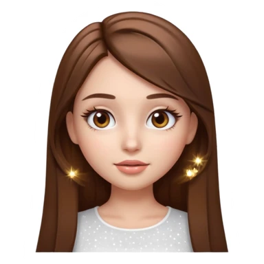 pretty cartoon girl, semi-realistic 3D emoji style, long straight brown hair, brown eyes, long eyelashes, soft glam makeup, glossy lips, smooth skin, cute aesthetic, sparkles in hair, white top sticker