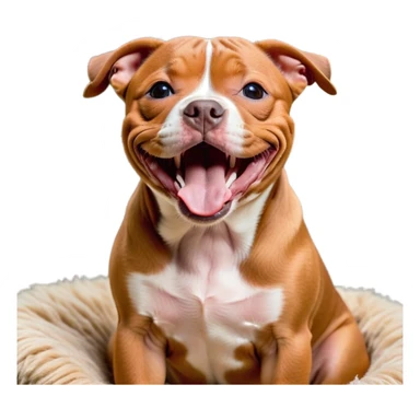 Cinematic Cute Yawning Red/Fawn Staffordshire Bull Terrier Portrait Emoji, Head tilted slightly with a dramatic, wide-open yawn, showcasing a smooth red/fawn Fur with crisp white accents, floppy ears slightly drooping, round dark eyes barely open in drowsy contentment, Simplified yet irresistibly adorable features, highly detailed, glowing with a soft, cozy glow, high shine, relaxed yet expressive, stylized with a touch of whimsy, bright and endearing, soft glowing outline, capturing the essence of a sleepy yet affectionate guardian, so drowsy it feels like it could stretch right out of the screen and curl up for a nap! sticker