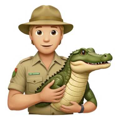 Cinematic Realistic Steve Irwin Portrait Emoji, in his signature khaki attire, holding a crocodile or giving an excited thumbs-up. The scene is lit with vibrant, natural sunlight, emphasizing his adventurous spirit and deep connection to nature. sticker
