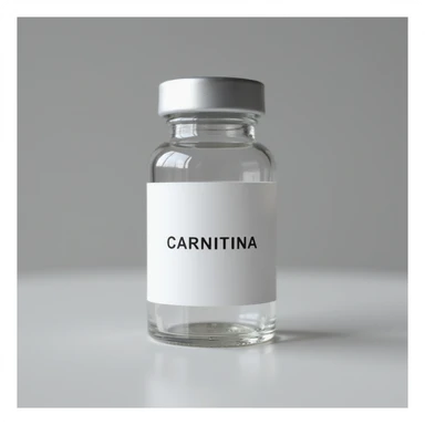 transparent glass vial with cap, white label with the word 'CARNITINA' prominently displayed, hyperrealistic 4K style sticker