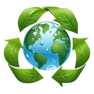 An icon featuring a globe with green leaves, a recycling symbol, and a water droplet, symbolizing ecology. The design includes trees, animals, and renewable energy icons, representing the study of ecosystems, environmental protection, and sustainability. Transparent background sticker