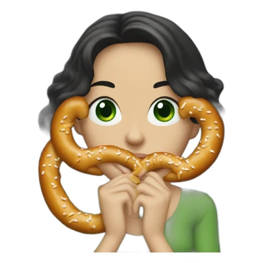 A Woman with green eyes and black wavy long hair and long nose eating a pretzel  sticker