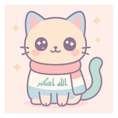cat wearing a scarf patterned with the Iraq flag, friendly expression, cute and warm sticker