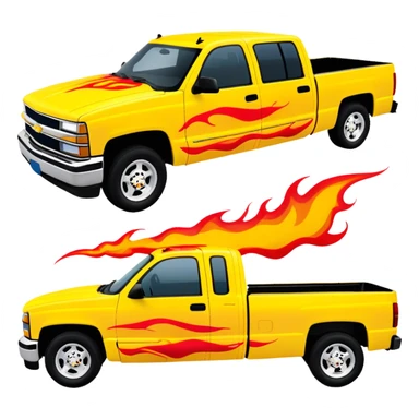 Yellow 1997 Chevrolet C-2500 Crew Cab Silverado with airbrushed red flame artwork on the hood and front fenders, custom painted flames like in Kill Bill movie, 30-degree view, iOS emoji style sticker