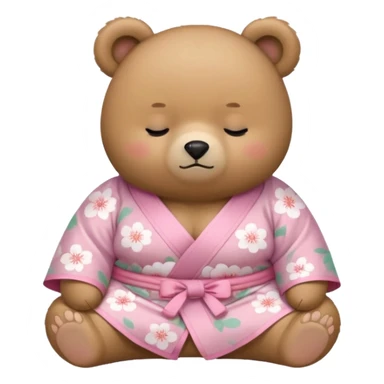 A cute chubby light-brown bear wearing a pastel pink sakura-patterned kimono, tiny body and round head, adorable simple face, sleepy half-closed eyes, small blush on cheeks, sitting while dozing off, tiny “zzz” floating above the head sticker