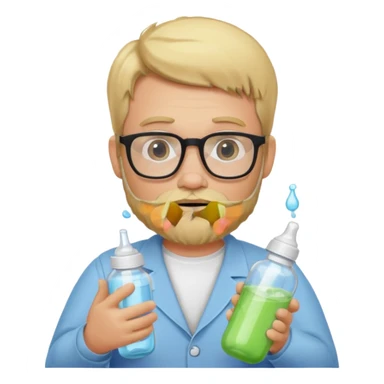 blonde bearded man with glasses with baby bottle sticker