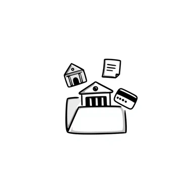 Closed folder icon with small symbols floating around: bank building, credit card, calculator, and document – organized financial archive sticker