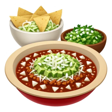 A delicious hot bowl of pozole rojo with the sides next to the bowl: chopped onions, shredded cabbage, lime wedges, red chile de arbol salsa, and full round tostadas sticker