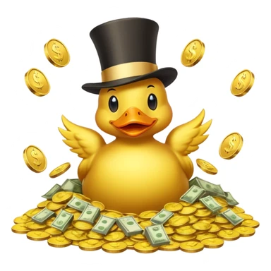 Duck character in top hat swimming in pile of gold coins and money bags sticker