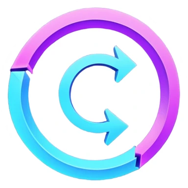 Futuristic retry arrow: an open curved neon arrow forming almost a circle but leaving a gap, clear restart motion. Glowing blue and violet Virtuosa colors, soft Ovi-like floating shape, playful high-tech style, luminous semi-matte texture. No text. Full background.
 sticker