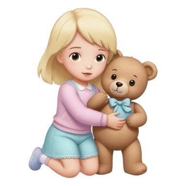 
a child in pastel clothes picks up a teddy bear sticker