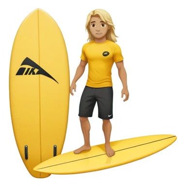 Man Surfer surfing with long blond hair, yellow t-shirt with black Nike logo in center of chest, black baggy sweatpants. On a yellow and white board sticker