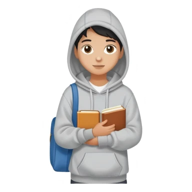 A flat-style illustration of a college student with a tote bag over the shoulder and a book in one hand. The student wears a hoodie. Clean cartoon style, white background, iOS emoji aesthetic. sticker