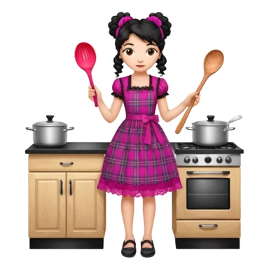 
A beautiful girl wears a fuchsia lace dress with a plaid pattern. Her long, curly black hair is styled in a messy bun. She wears accessories and holds a wooden kitchen spoon. She is standing and wearing black shoes. The illustration style is clipart. sticker