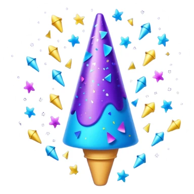 Emoji with glowing cone-shaped confetti popper, purple and blue colors emitting confetti and glitter, creating a bright festive atmosphere sticker