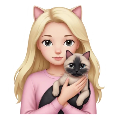 girl with blond long hair, grey eyes and fair skin in pink pastel clothes holds a black British cat in her arms sticker