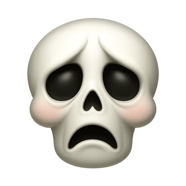 Make a sad skeleton face emoji exactly like the reference image, in iOS emoji style. Same expression, shape, and details, smooth and shiny. Add a slight blush to the cheeks. sticker