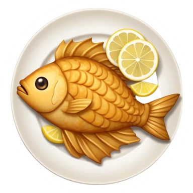 Create a detailed emoji of 'Cazón en adobo,' a traditional Spanish dish from Andalusia. The emoji should show golden-brown, crispy fried fish pieces with a slightly irregular shape, arranged on a small plate or paper wrap. The fish should look crunchy, with a few visible seasonings or texture on the batter. Optionally, include a small wedge of lemon on the side for garnish. The style should match standard food emojis, with a clean and appetizing appearance. sticker