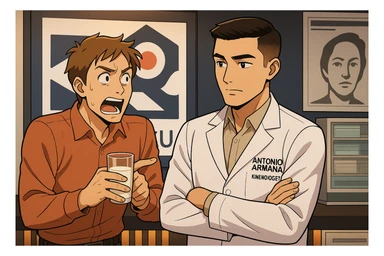 fai un webtoon manga a colori con questo stile, in cui un uomo chiede al kinesiologo con il camice bianco (fagli anche la scritta "ANTONIO ANANIA" SUL CAMICE, una domanda e il kinesiologo gli risponde, L'UOMO INDICA IL BICCHIERE DI LATTE CHE HA IN MANO ED è MOLTO ALLARMATO NEL FARE LA DOMANDA. non fare i fumetti però, fai solo in modo che sembri stiano parlando sticker