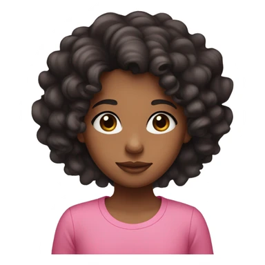 medium brown girl with black curly hair with pink shirt and pink heart eyes sticker