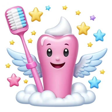 Giant cartoon toothbrush, pink toothbrush, cute molar character with angel wings, tube of pastel toothpaste, sparkles, magical sparkles, shooting stars, fluffy white clouds, soap bubbles, floating tooth fairy coins. sticker