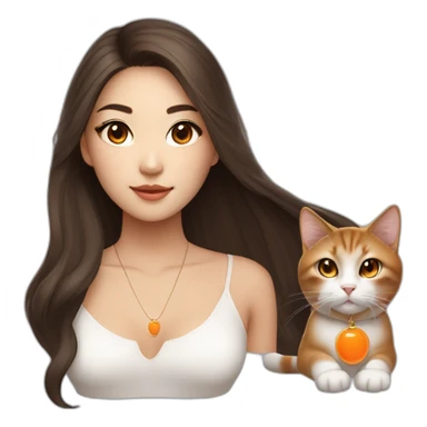 beautiful Asian woman with long brown hair brown almond-shaped eyes, with cat eye makeup and orange usb key on necklace sticker