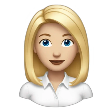 woman with blue eyes and straight bob blonde hair wearing a white button up and golden hoop earrings sticker