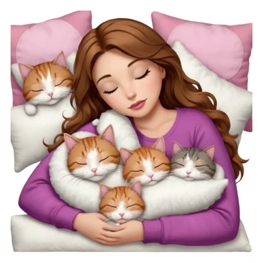 girl with long wavy brown hair, brown eyes, long lashes makeup, sexy pink lips, light to medium complexion,  sleeping on a cozy pillow, with 6 cats: 1 brown and white tabby cat, 1 ginger and white, 2 grey and white, 1 grey with white mittens and small white patch on chest and 1 calico, sleeping sticker