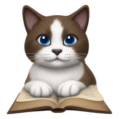 Snowshoe cat with small white patch by nose, dark face and blue eyes and darker body laying on open Bible sticker