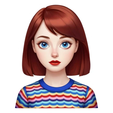 Artistic young woman with pale skin, oval face, large expressive blue eyes with eyeliner, thin arched eyebrows, small nose, full lips with red lipstick, dark auburn hair that's straight with slight waves at ends, straight bangs, wearing a bright colorful patterned top, warm creative expression sticker