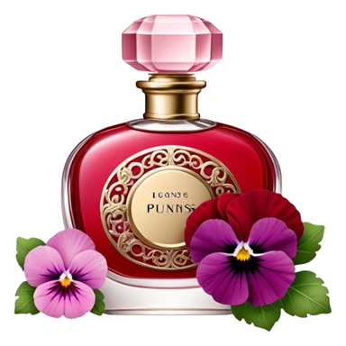 "An antique-inspired red perfume flacon with intricate details rests among blooming quartz pink pansies. The scene exudes timeless elegance with a touch of rustic beauty." sticker