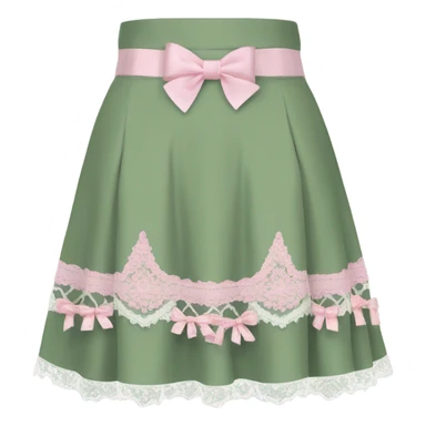 Sage green a-line mini skirt with pink lace and bows and embroidery, isolated sticker