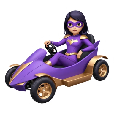 Hot full size real-appearance racing action BatGirl’s Lego feminine midnight-purple tight outfit sixty’s tv show 1992 stealthy retro sporty petite off-road pursuit hovering hover cruiser car rose gold accents (black hair,reclined and relaxed seating position) go kart sticker
