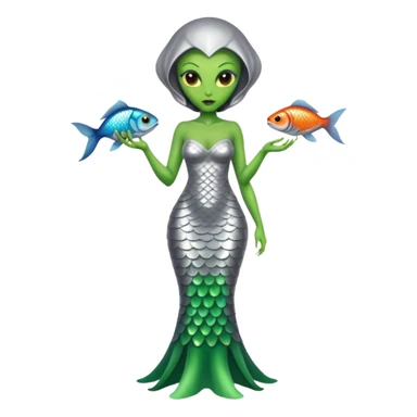 Green Alien woman with fish scales in silver dress, full figure, yellow eyes sticker