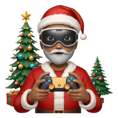 Homme photographe noir, week-end détente, équipé d’un appareil photo pro. Dans un décor Noël chaleureux, Père Noël à côté, sapin illuminé, lumières douces. L’homme porte un casque VR autour du cou ou sur la tête, et une manette PS 2025 dans la main libre. Ambiance festive, réaliste, couleurs nettes sticker