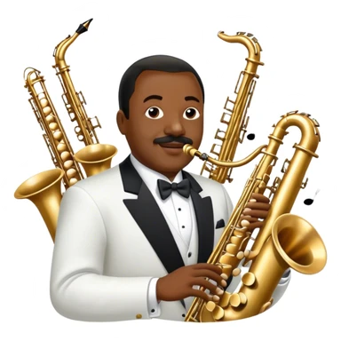 Icon for Jazz Music: Count Basie Orchestra, with Count Basie at the piano surrounded by jazz musicians playing instruments like saxophones, trumpets, and drums. Floating musical notes should capture the energetic and smooth vibe of big band jazz. Transparent background. sticker