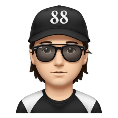 “Emoji of a white man with dark brown hair under a black baseball cap, wearing a black t‑shirt and 1980s‑style black Ray‑Ban rectangle sunglasses, with black musical notes floating around his head,  sticker