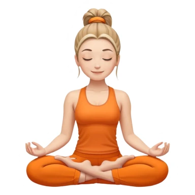 white woman with ponytail hairstyle, sitting in lotus position, eyes closed with a subtle happy smile, wearing orange yoga outfit sticker