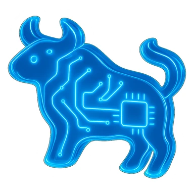 Make the minimalist bull icon much more abstract with electric blue digital circuit lines, in glossy circuit style. sticker